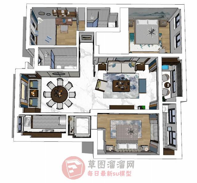 新中式家装装潢SU模型 1