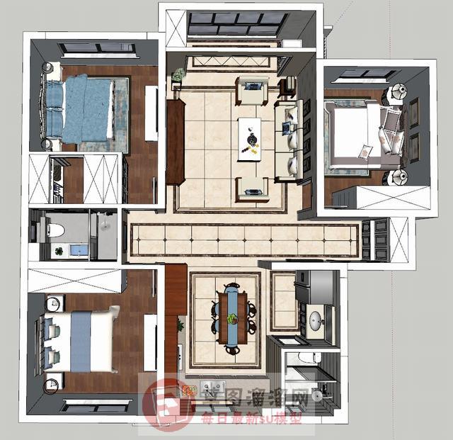 三房中式家装SU模型 1