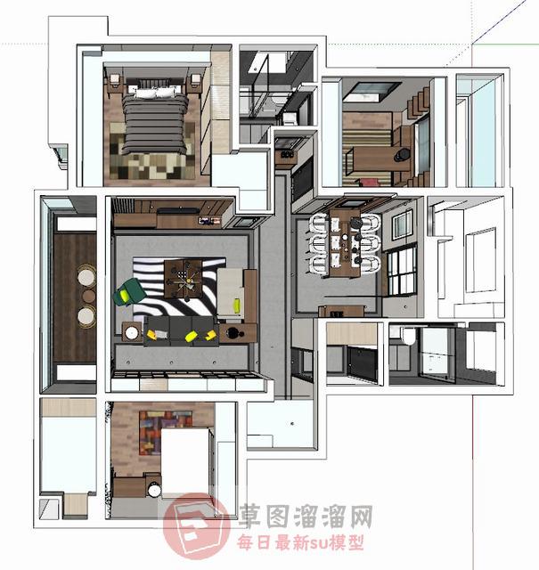 户型家装三室一厅SU模型 1