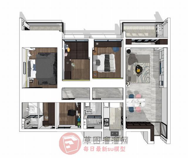 四房户型家装SU模型 1