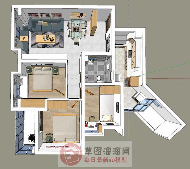 简约三房家装SU模型 1