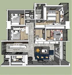四房二厅家装户型SU模型 免费sketchup模型下载