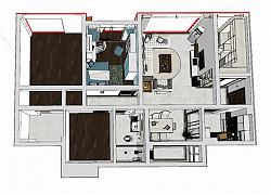 三房两厅户型样板间SU模型 免费sketchup模型下载