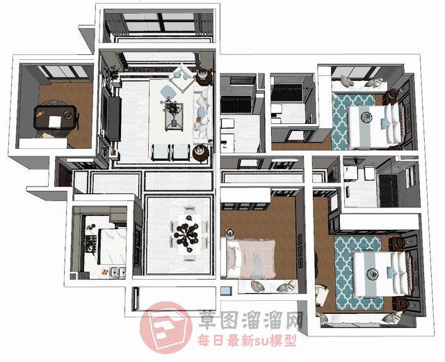 美式风格整体户型SU模型 1