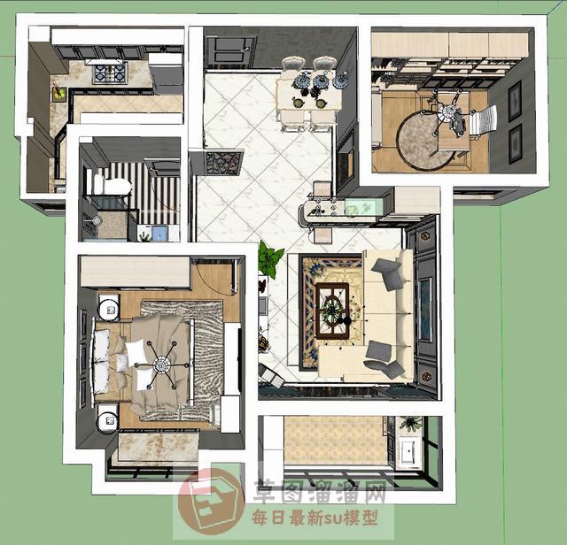 两房小户型家装SU模型 1