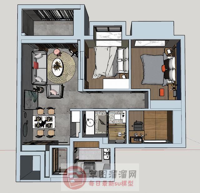 三房家装户型SU模型 1