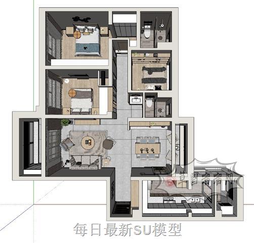 欧式风格家装三房SU模型 1