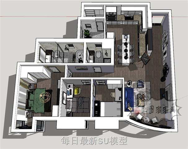 现代风格家装户型SU模型 1