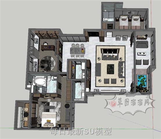 新中式家装大户型SU模型 1