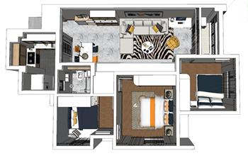 现代风格三房家装SU模型 免费sketchup模型下载