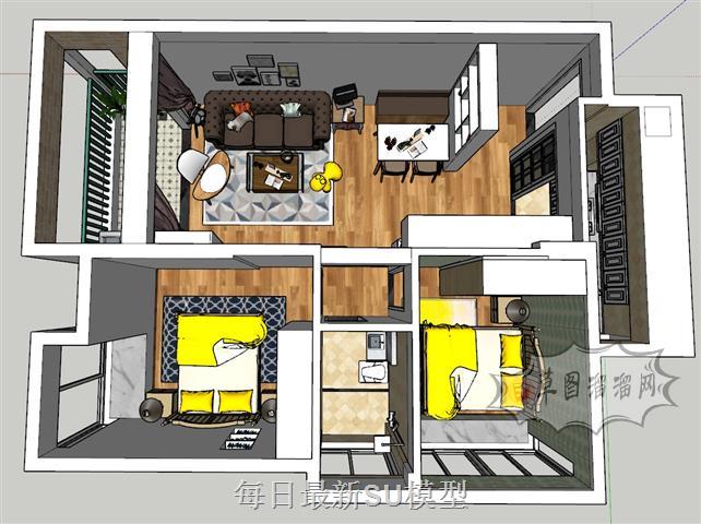 美式风格小户型家装SU模型 1