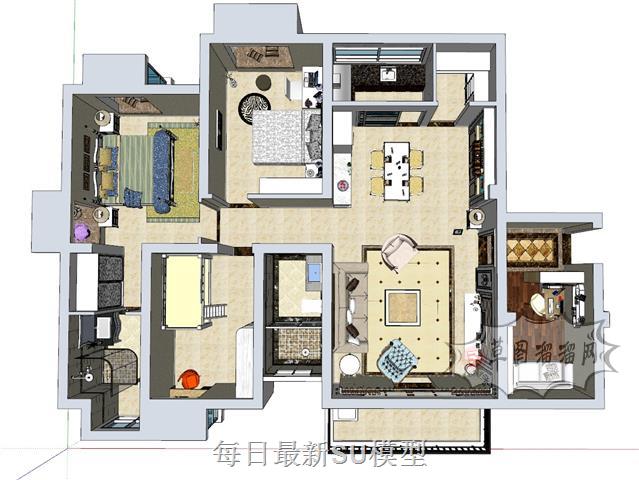 欧式风格四房两厅家装SU模型 1