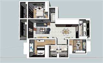 三房家装户型SU模型 免费sketchup模型下载
