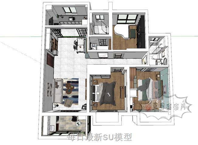 现代风格三房户型SU模型 1