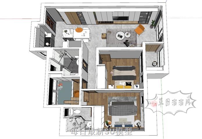 北欧风格两居室室内SU模型 1