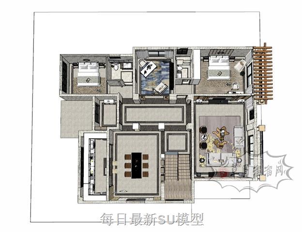 新中式鸟瞰家装SU模型 1