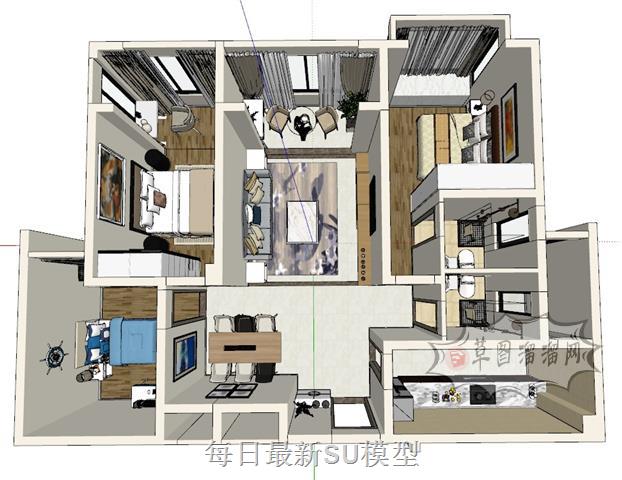 现代鸟瞰图家装SU模型 1