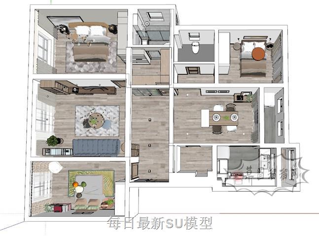 小户型三房室内SU模型 1