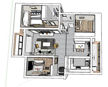 家装户型鸟瞰图SU模型 免费sketchup模型下载