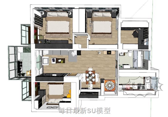 三房家装户型SU模型 1