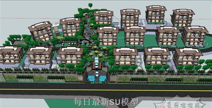 新中式小区建筑SU模型 1