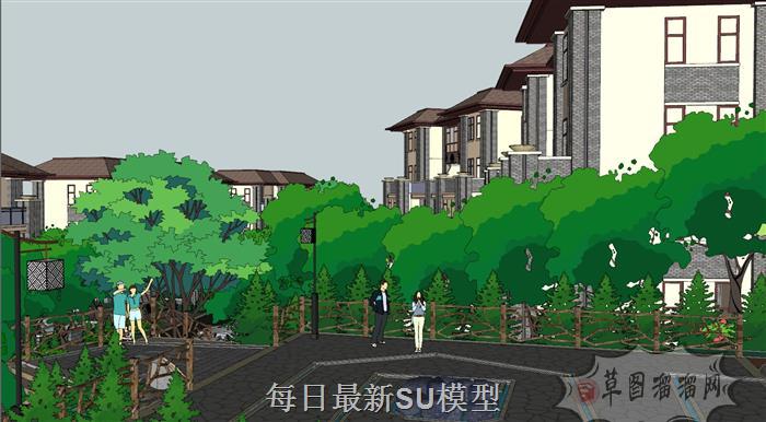 新中式小区建筑SU模型 3