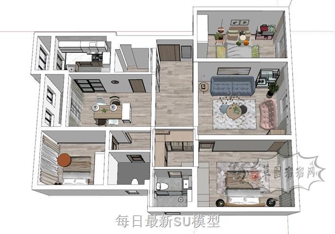 简约家装户型SU模型 1