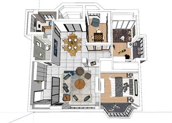 三室一厅家装户型SU模型 免费sketchup模型下载