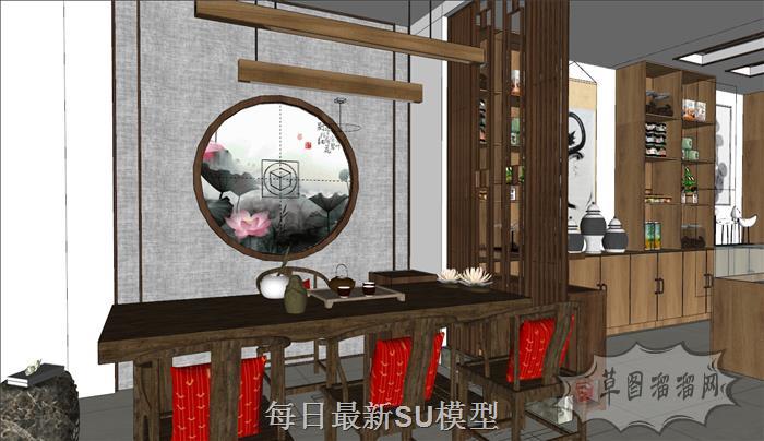 茶叶店茶叶柜茶桌椅SU模型 4