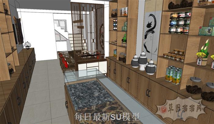 茶叶店茶叶柜茶桌椅SU模型 2