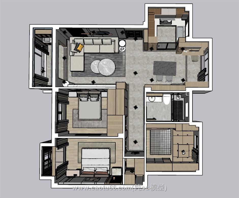 现代风格家装户型SU模型 1
