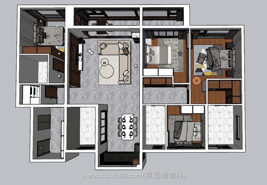 新中式户型家装SU模型 1