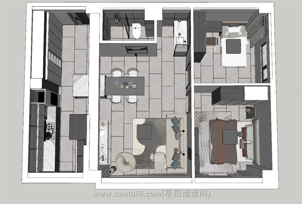 黑白灰现代风格户型SU模型 1