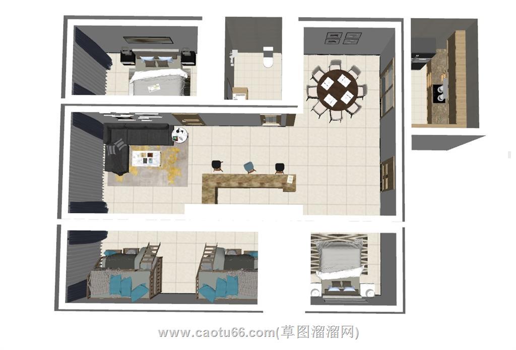 现代风格家装鸟瞰图SU模型