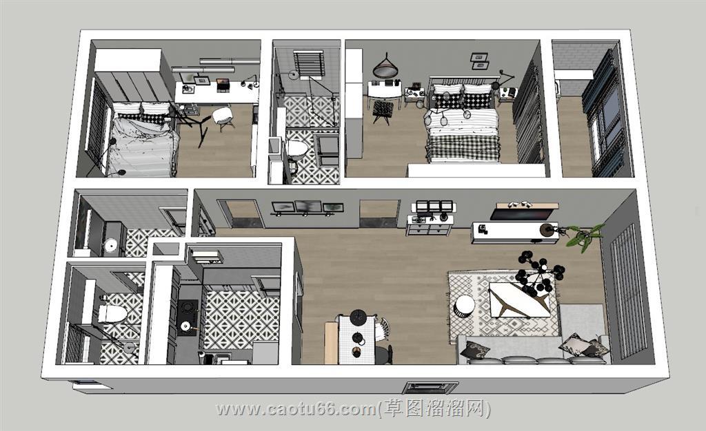 三房家装鸟瞰图SU模型 1