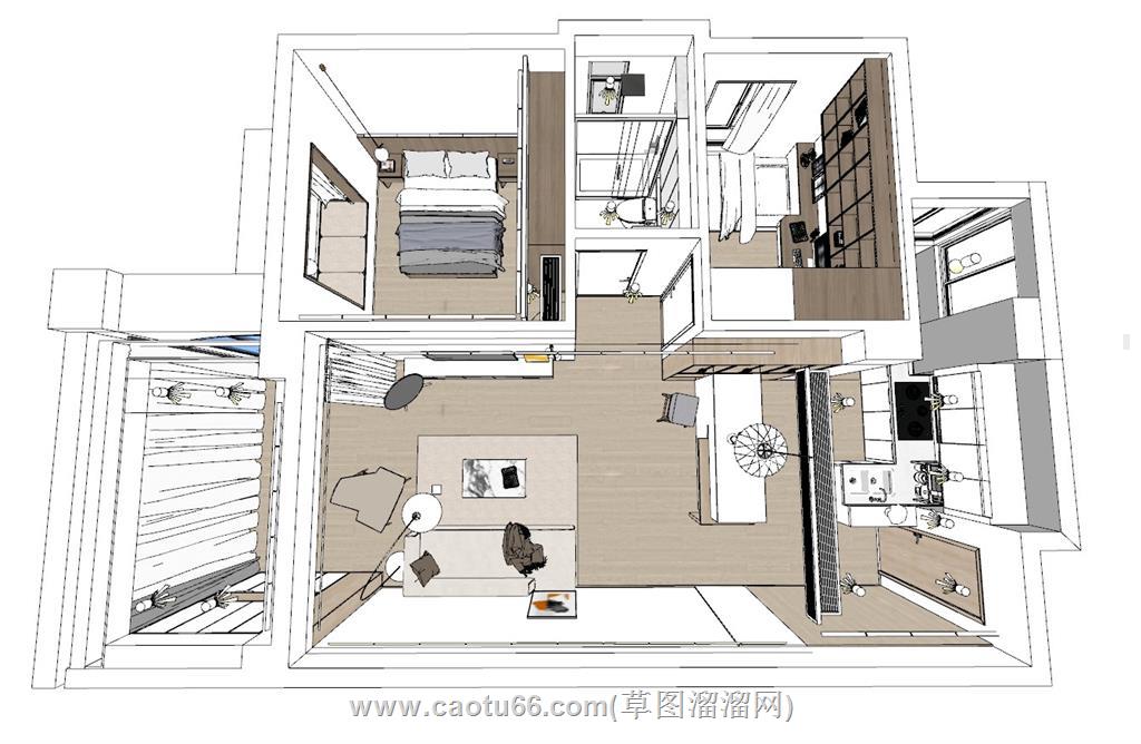 日式小户型两房SU模型 1