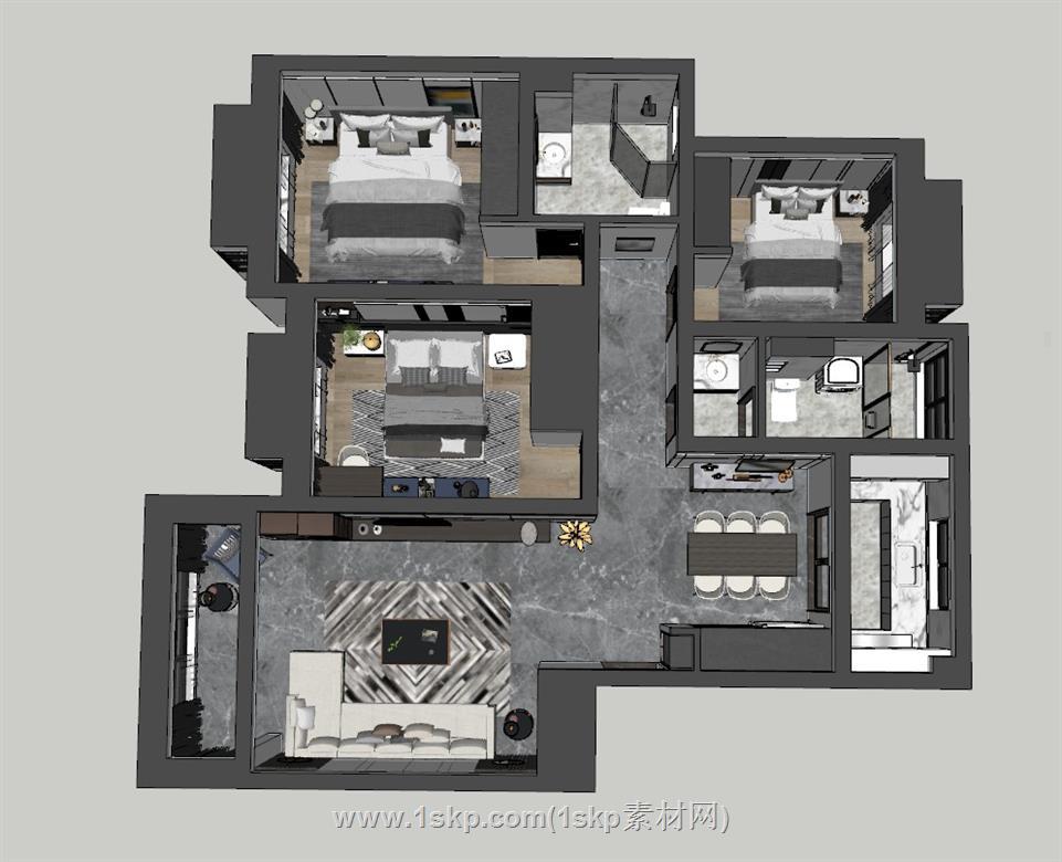 家装户型鸟瞰SU模型 1