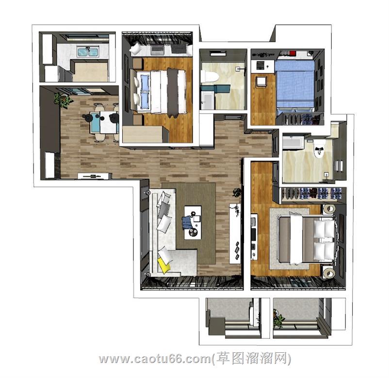 家装户型鸟瞰图SU模型 1