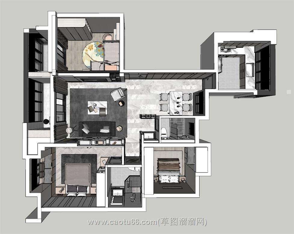 家装户型鸟瞰SU模型 1