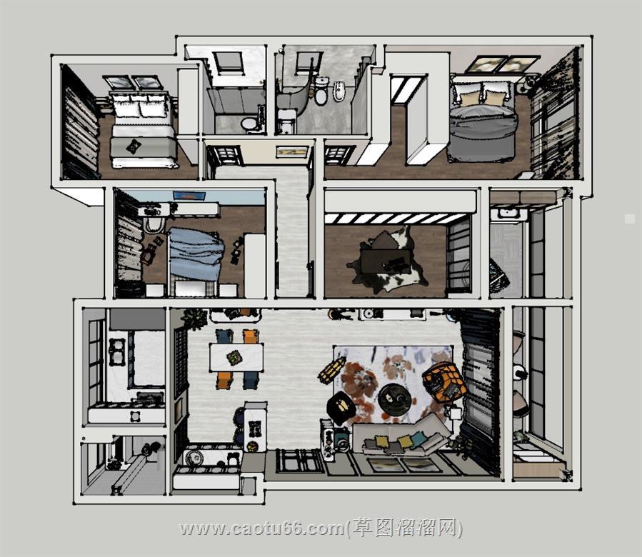 轻奢家装鸟瞰图SU模型