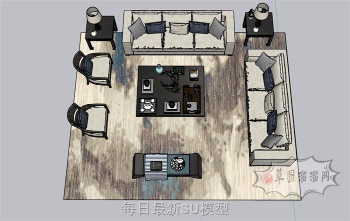 中式沙发茶几SU模型 1