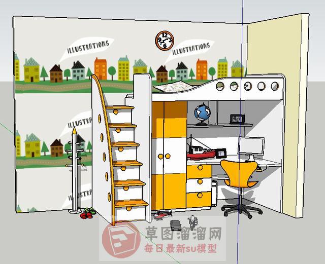 儿童床高铺床儿童书桌SU模型 1