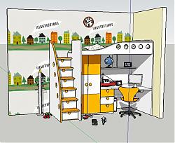 儿童床高铺床儿童书桌SU模型