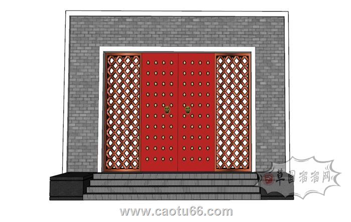 中式门入户门庭院门SU模型 1