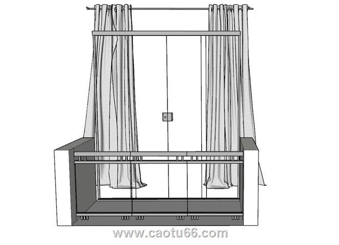 阳台玻璃门窗帘SU模型 1