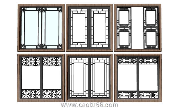 中式落地窗窗户SU模型 1