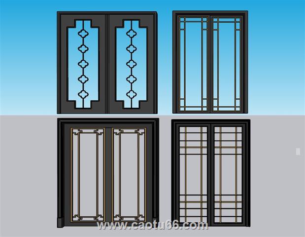 中式玻璃门推门SU模型 1