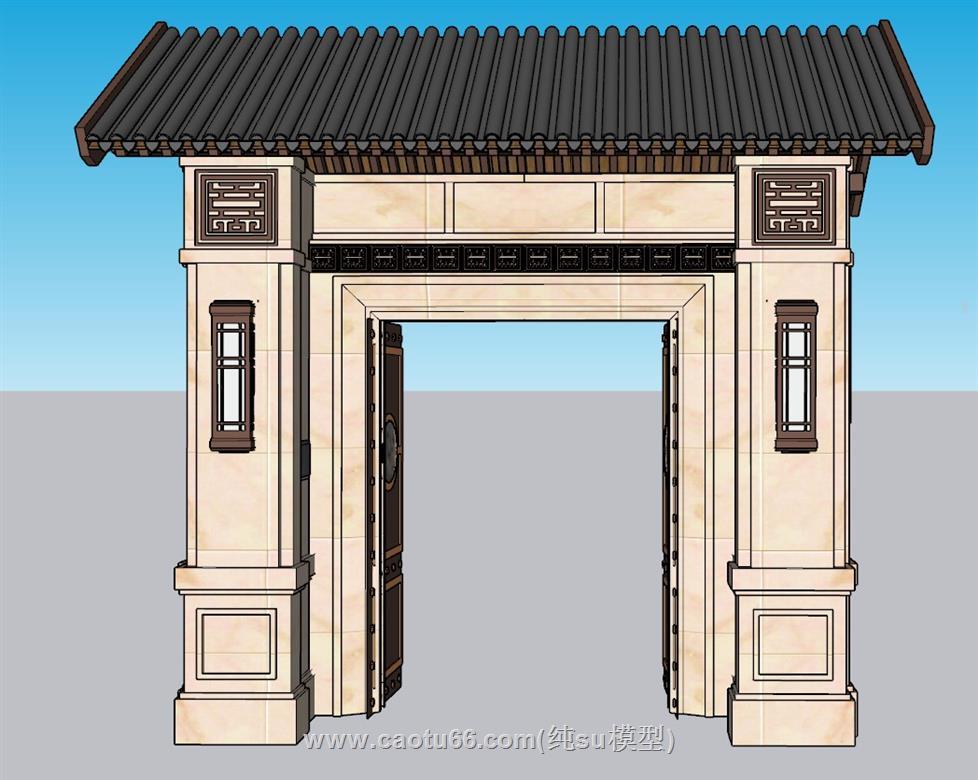 新中式庭院门入户门SU模型 1