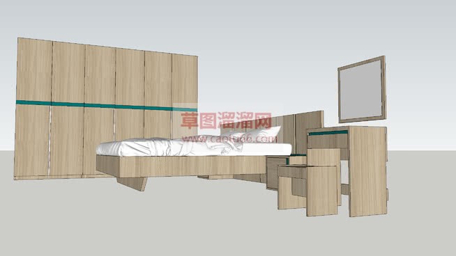 木质床铺梳妆SU模型 1