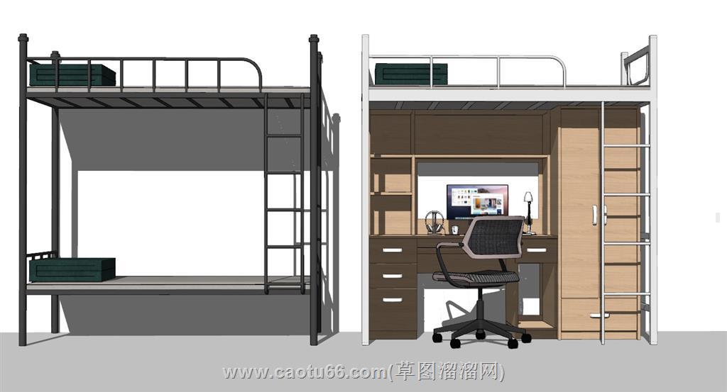 双层床上下铺铁架床SU模型 1